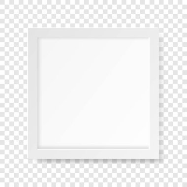 Şeffaf arkaplanda beyaz gerçekçi kare boş resim çerçevesi. Tarafsız arkaplanda boş beyaz resim çerçeve şablonu izole edildi. Vektör illüstrasyonu