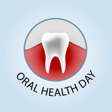 Dünya ağız sağlığı gün logo fikri ile sağlıklı diş imge. Tıbbi, diş ve sağlık yaratıcı kavramı. Vektör çizim ışık mavi, pembe ve beyaz renklerde