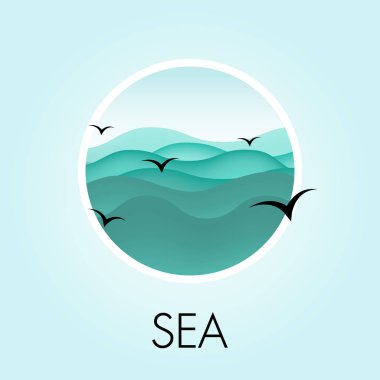 Dalgalı ve martılı deniz ikonu. Vektör illüstrasyonu