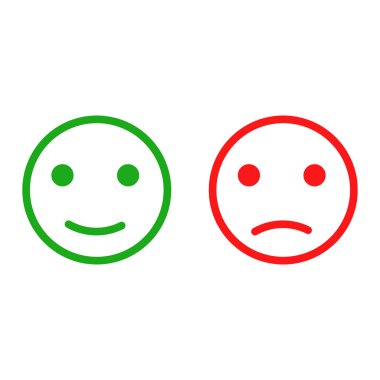 Beyaz arka planda izole edilmiş gülümseme simgeleri. Satır simgeleri simgeleri. Mutlu ve mutsuz gülümsemeler. Yeşil ve kırmızı renk. Vektör illüstrasyonu