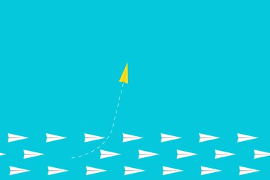 Minimalist stil sarı uçak yön değiştiriyor ve beyaz olanlar. Yeni fikir.