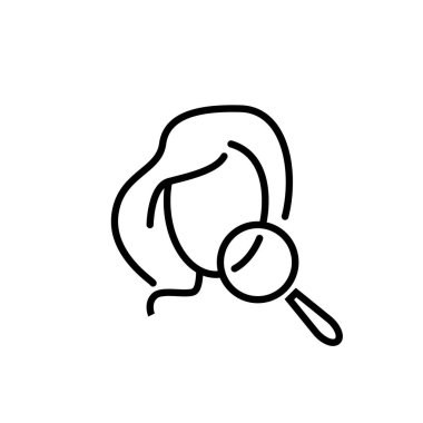 Sorun cilt çizgisi simgesi. Yüz, kadın, büyüteç, inceleme. Güzellik konsepti. Spa salonu, cilt bakımı, kozmetoloji, dermatoloji gibi konularda kullanılabilir.