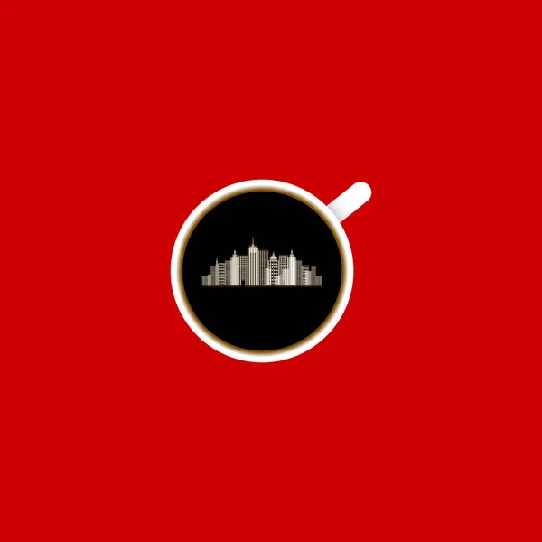 Logo Caffè Tazza Con Icona Della Città Sfondo Rosso — Vettoriale Stock