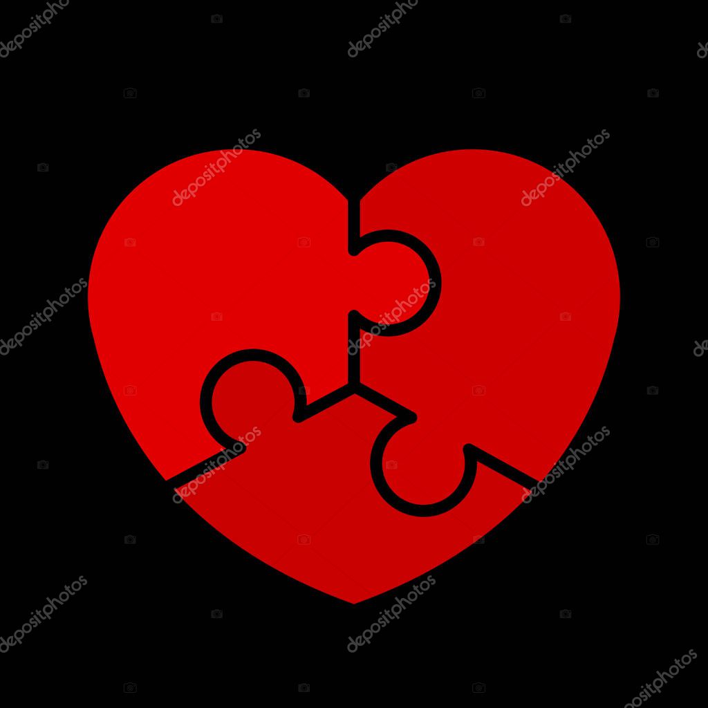 Red pieces puzzle of romantic heart. Icon, logotype, logo vector puzzle illustration. Jigsaw on Valentine Day. Love, medical, relationship symbol. Autism awareness. Three slices, pieces parts heart