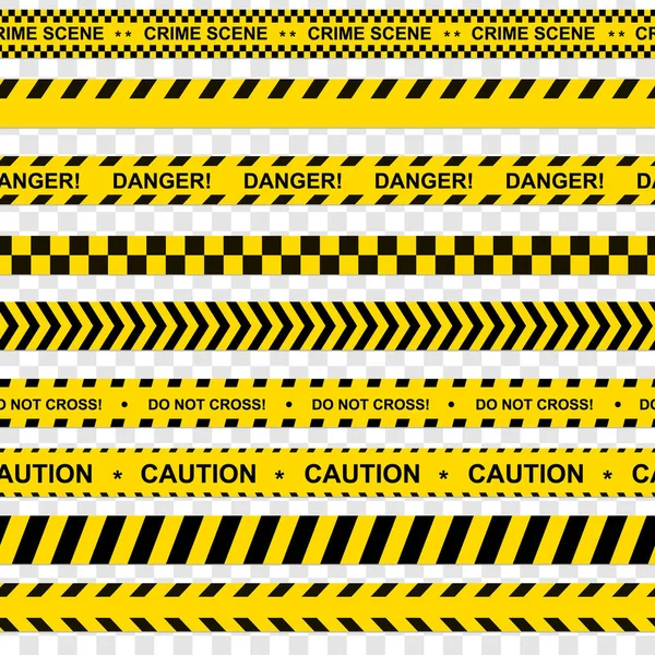 Zwarte en gele strepen. Barricade tape, niet oversteken, politie, misdaad gevarenlijn, felgele officiële misdaad barrière tape. Vector platte stijl cartoon illustratie geïsoleerd — Stockvector