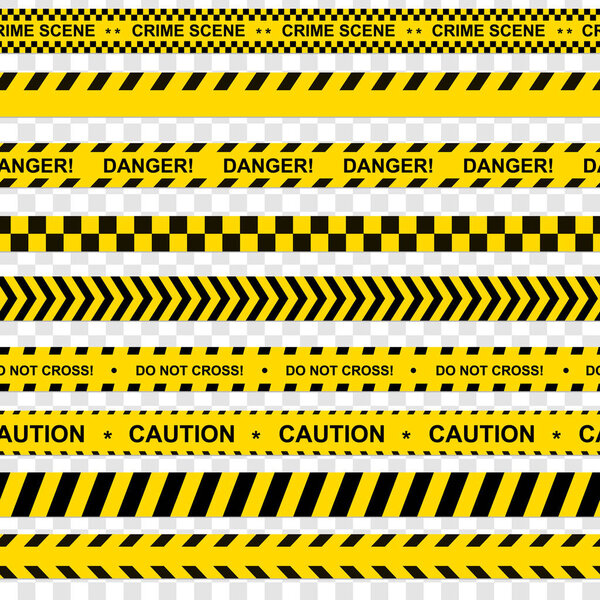 Black and yellow stripes. Barricade tape, Do not cross, police, crime danger line, bright yellow official crime scene barrier tape. Vector flat style cartoon illustration isolated