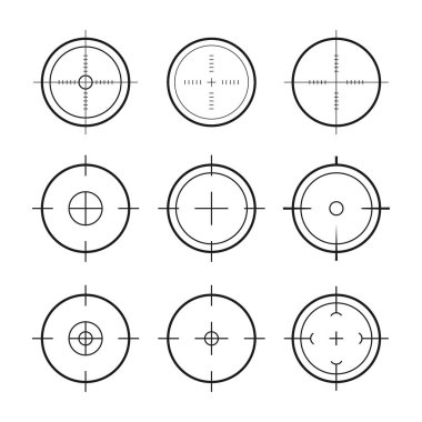 Hedef nişan ikonları askeri ayarlandı. Nişancı nişancı nişancı nişancı nişancı nişancı nişancı görüşü. Vektör simgesi