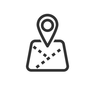 Harita simgesini işaretle. Yazdırılmış harita üzerinde konum işareti. Doğrusal stil. Düz tasarım elemanı. Düzenlenebilir vuruş