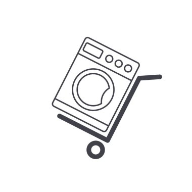 Siyah El kamyonu ve çamaşır yıkama ikonu beyaz arka planda izole edilmiş. Dolly sembolü. Vektör İllüstrasyonu