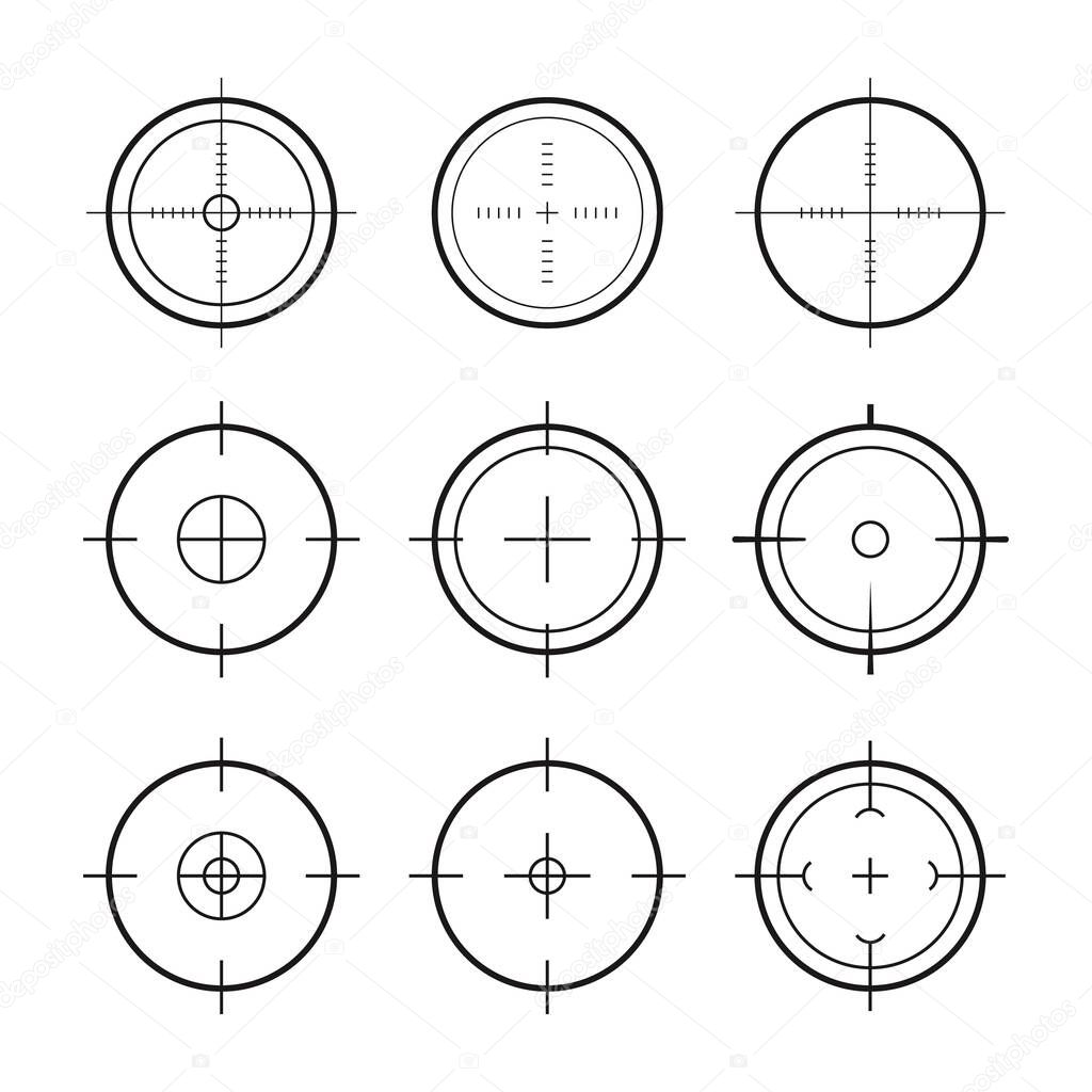 Target aim icons military set. Crosshair target weapon sniper army sight for gun or rifle. Vector icon