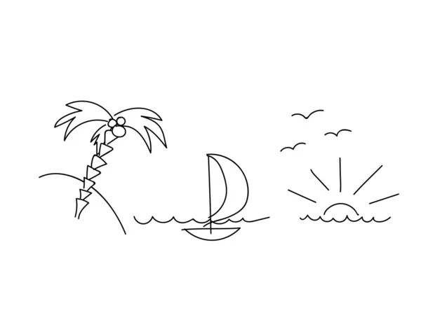 Απλές Διακοπές Μαύρο Σκίτσο Εικονογράφηση Διανύσματος Πανοραμική Θέα Στην Παραλία — Διανυσματικό Αρχείο