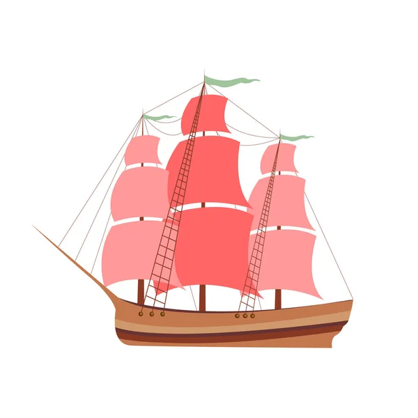Schiff Mit Roten Segeln Auf Weißem Hintergrund Vektorillustration — Stockvektor