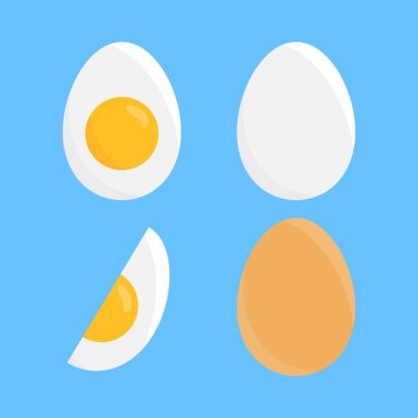 Tavuk yumurtası vektör besin ikonu. Kabuklu beyaz ve kahverengi tavuk yumurtası.