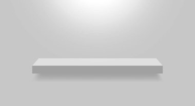 Boş beyaz gerçekçi raf. Süpermarkette tezgah, ön manzara. Dükkan vitrini. Vektör
