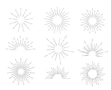 Farklı şekillerde Vintage Sunburst seti. Hippi El Retro Patlama Işınları Tasarım Elementleri. Vektör