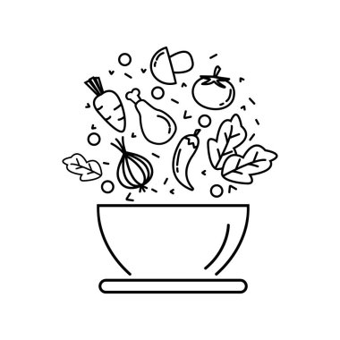 Salata tabakta ince çizgi ikonu. Sağlıklı yiyecekler. Salata barı için modern vektör illüstrasyonu.