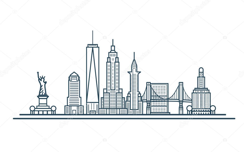 Linear banner of New York city. All buildings - customizable different objects with background fill, so you can change composition for your project. Line art.