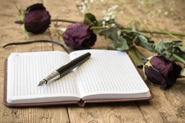 Bir defter ve rustik bir tabloda dolma kalem ile gül Solana.