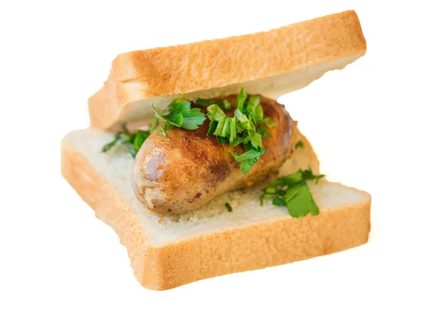 Hauswurst mit Brot isoliert auf weißem Hintergrund. — Stockfoto
