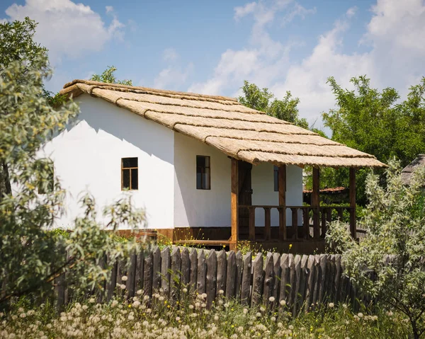 Thatched çatı altında'bahar bahçe evi.