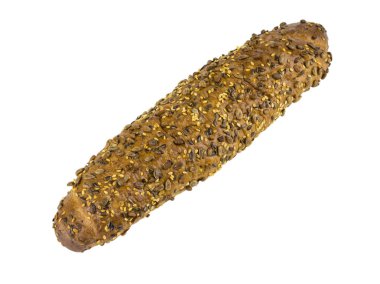 Buğday unu beyaz bir arka plan üzerinde izole tohumları ile gelen taze pişmiş baget.