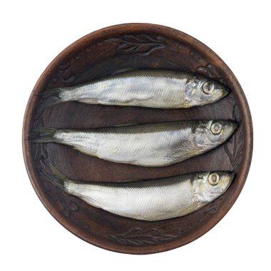 Üç beyaz arka plan üzerinde izole bir kil kase ringa balığı balık.