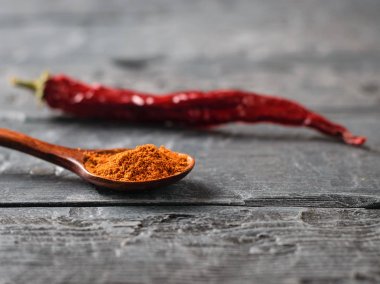 Tahta kaşık ile zemin biber ve acı biber pod ahşap tablo.