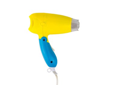 Side view of yellow-blue hair dryer isolated on white background. The view from the top.