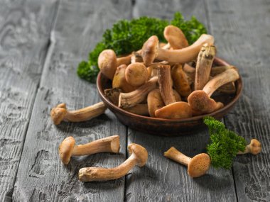 Çamur kasesi ve orman mantarları siyah bir kır masasına saçılmış. Masanın üzerinde orman mantarları.