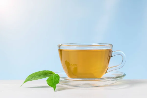 Zielone liście i szklanka herbaty na białym stole. — Zdjęcie stockowe