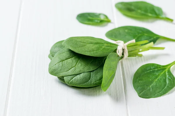 Jasne zielone liście świeżego szpinaku rozrzucone na białym drewnianym stole. Jedzenie dla zdrowia. Widok z góry. — Zdjęcie stockowe