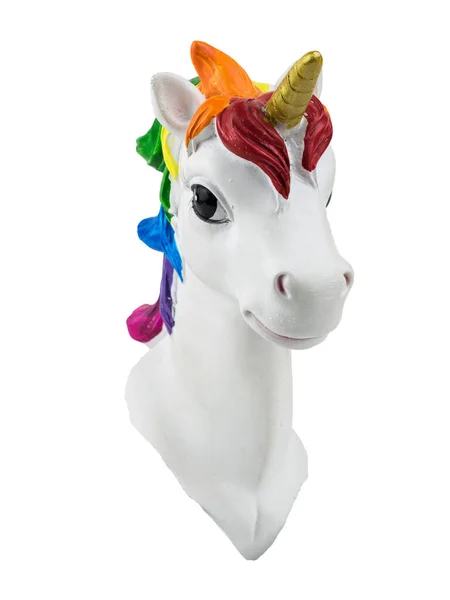 La cabeza de un unicornio con una melena multicolor aislada sobre un fondo blanco. Tendencia. Minimalismo . — Foto de Stock