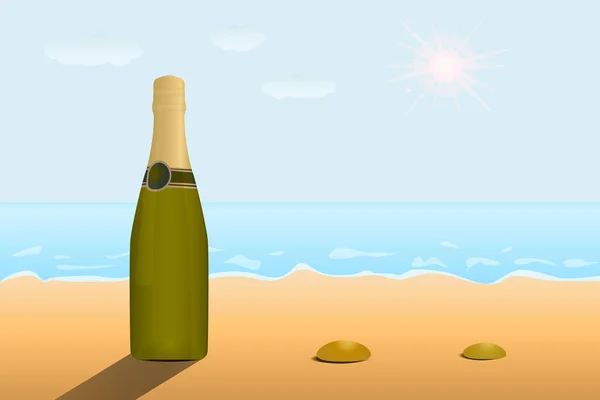 A bottle of champagne on a sandy beach by the sea. — Stock Vector