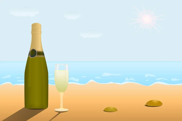 Een glas champagne en een volle fles op het zand aan zee. — Stockvector