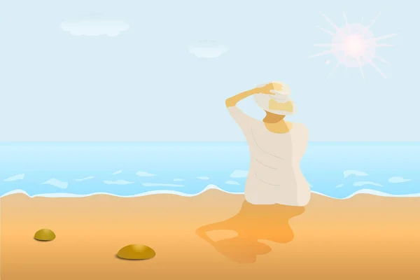 Beyaz elbiseli bir kadın güneşin altında sahilde oturuyor..