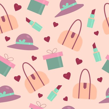 Hafif bir arka planda zarif kadın aksesuarları ve kalplerinin deseni.