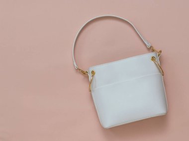Pastel arka planda beyaz kadın deri çantası. Düz yatıyordu.