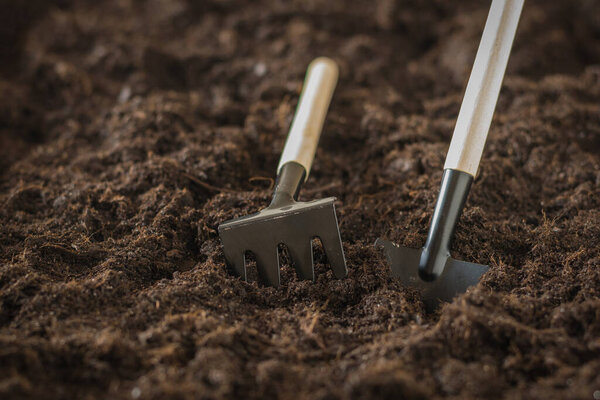 Лопата и грабли с деревянной ручкой на земле
.