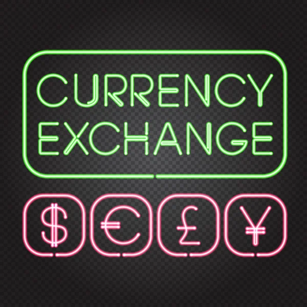 Luci al neon luminose simboli di valuta — Vettoriale Stock