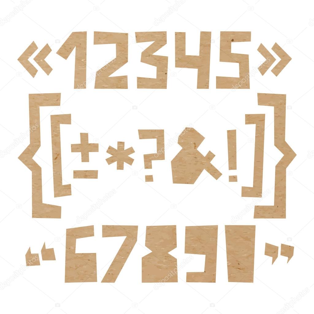 Rough numbers and symbols cut out of paper on cardboard background