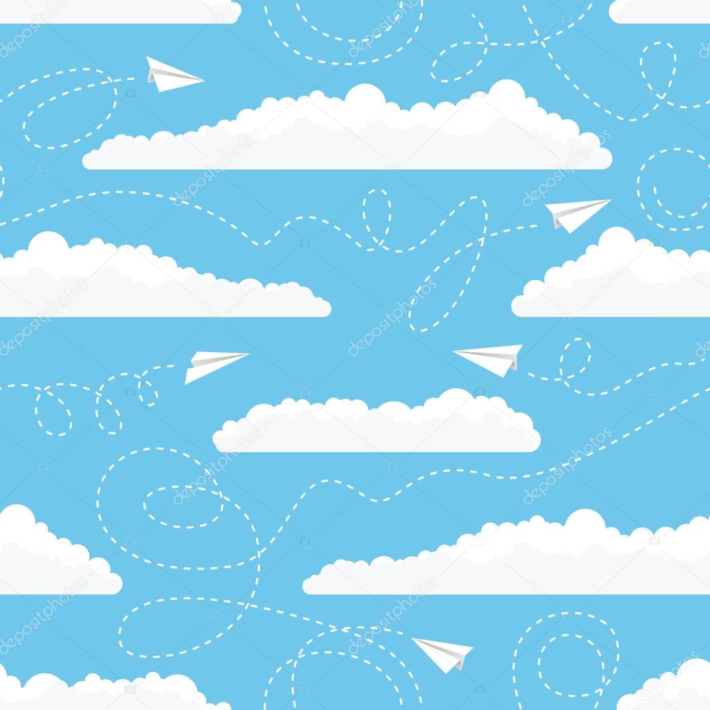 Seamless pattern with white paper airplanes and clouds