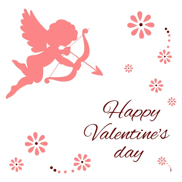 Postcard Inscription Valentine Day Angel Flies Bow Arrows Pink Flowers — Stock Vector