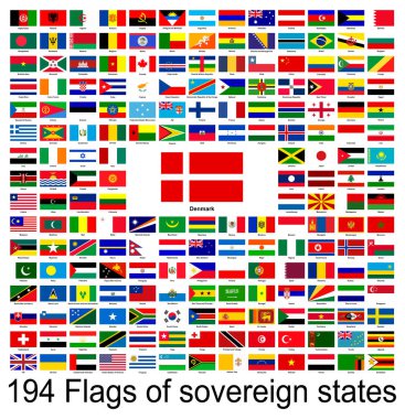 Danimarka, dünyanın bayraklarının vektör görüntülerinin toplanması. Vektör grafikleri.