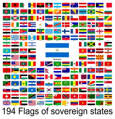 Nikaragua, dünyanın bayraklarının vektör görüntülerinin toplanması. Vektör grafikleri.