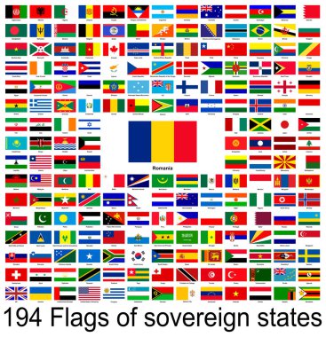 Romanya, dünyanın bayraklarının vektör görüntülerinin toplanması. Vektör grafikleri.