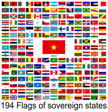 Vietnam, dünyanın bayraklarının vektör görüntülerinin toplanması. Vektör grafikleri.
