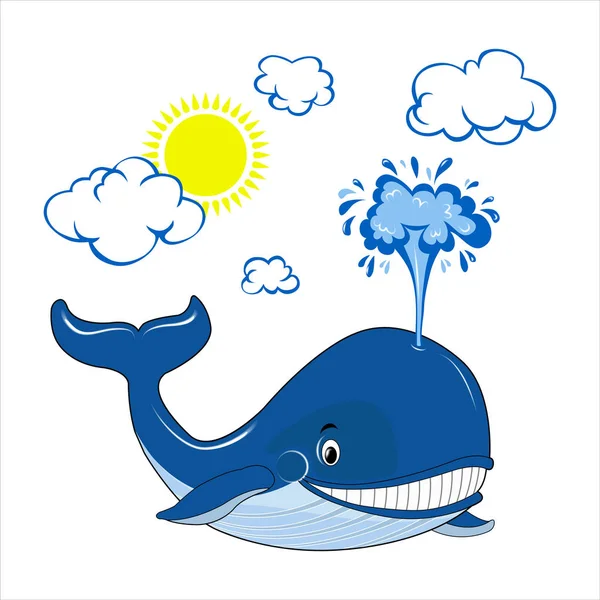Bulutlu ve güneşli mavi balina. Balina günü. Vektör grafikleri.