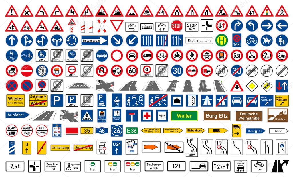 Collection of road signs in Germany. One hundred and ninety-five highly detailed and fully editable vector European road signs with details. Danger signs, obligations, warnings. Vector graphics.