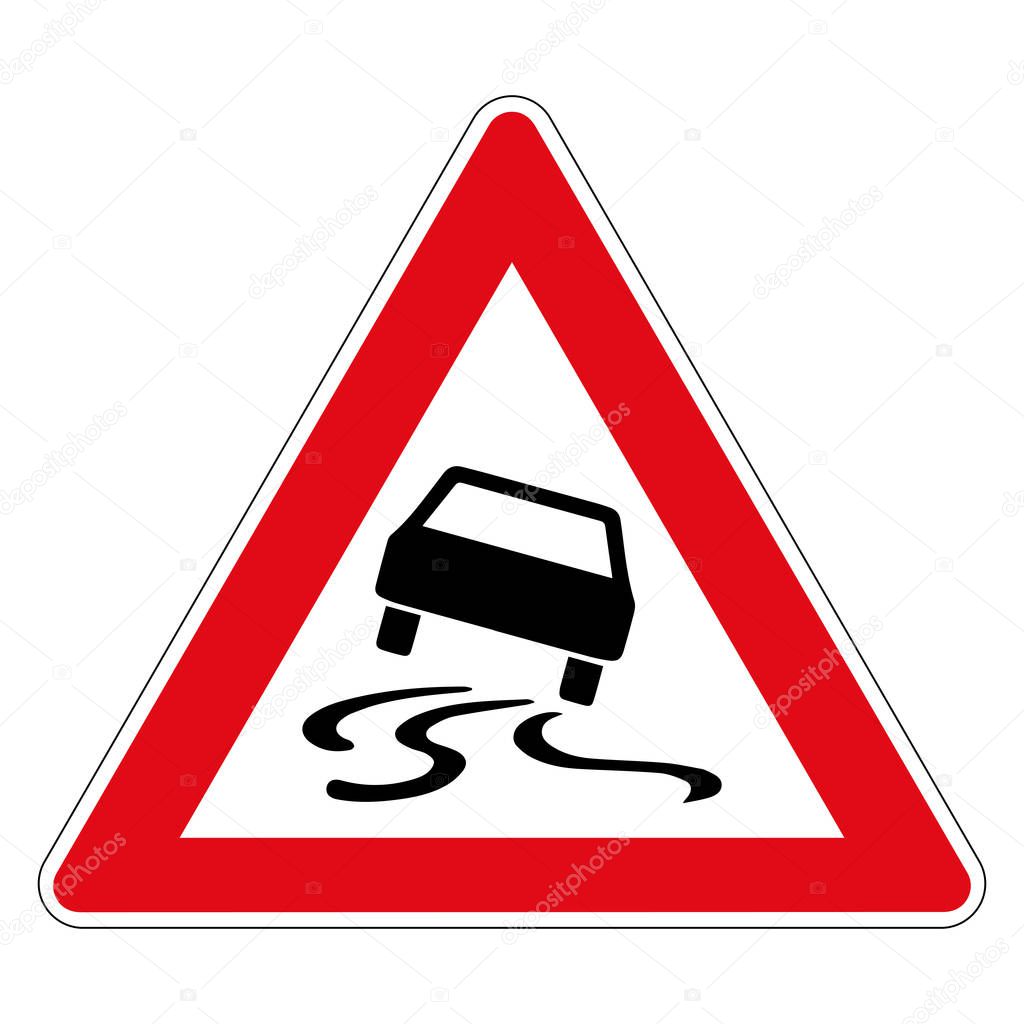 Danger of skidding or slipping due to humidity or dirt. Road sign of Germany. Vector graphics.