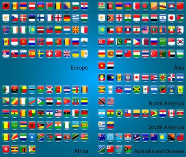 Mavi arka planda dünyanın dört bir yanındaki ülkelerin bayraklarının toplanması. Avrupa, Asya, Kuzey Amerika, Güney Amerika, Okyanusya, Afrika. Web siteleri için simgeler. Cam etkisi ve şeffaflık. Tam koleksiyon. Vektör grafikleri.